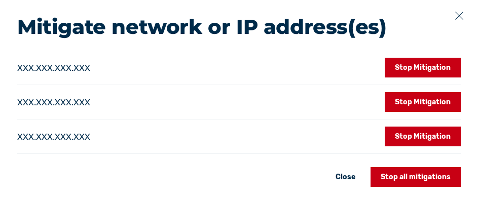 Dialog for finishing a mitigation - individual IP addresses