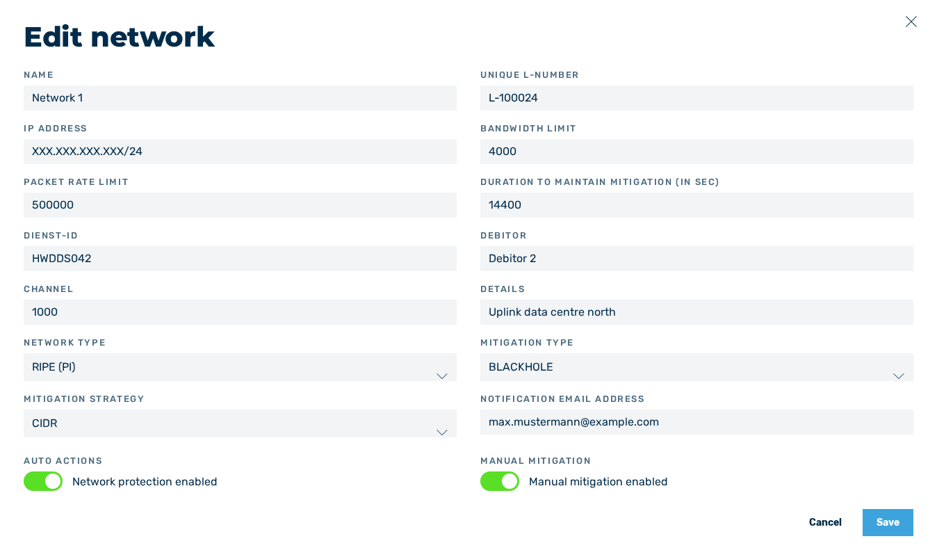 Edit network dialog