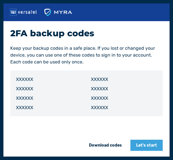 2FA backup codes dialog