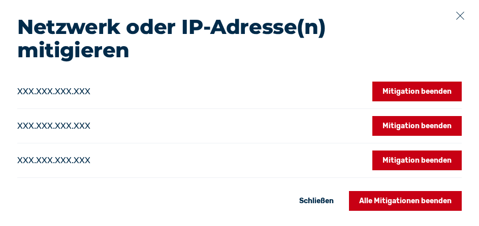 Dialog zum Beenden einer Mitigation - einzelne IP-Adressen