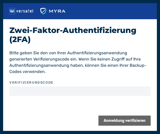 Dialog Zwei-Faktor-Authentifizierung (2FA) - Anmeldung