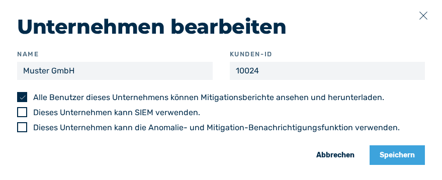 Dialog Unternehmen bearbeiten