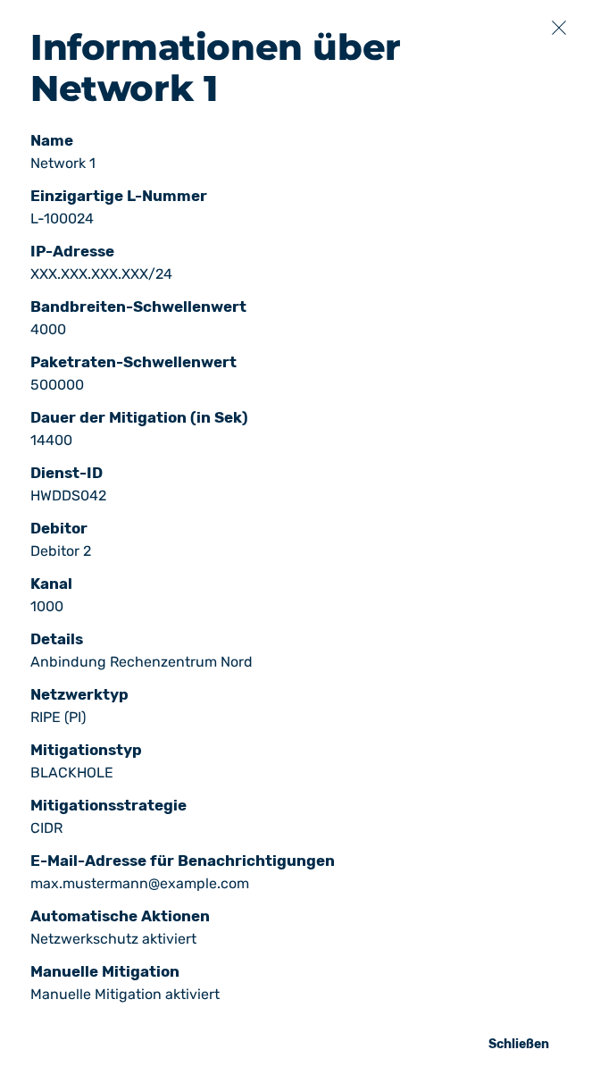 Dialog Informationen über Netzwerk