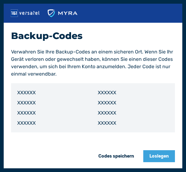 Dialog Backup-Codes anzeigen
